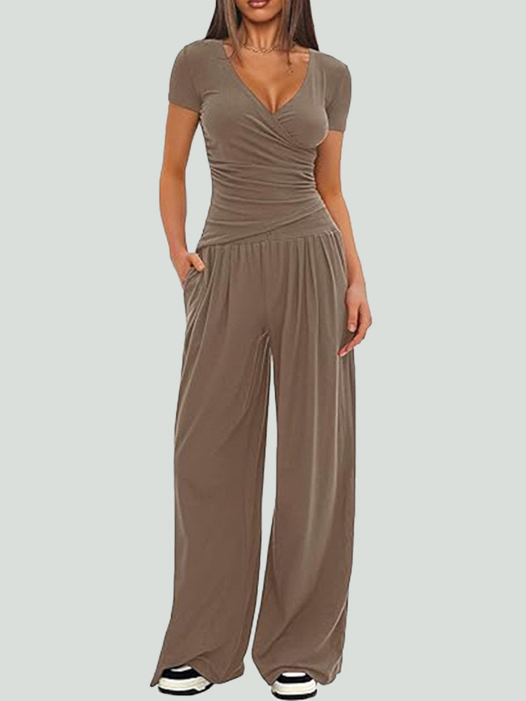 Women's Wide-Leg Pants Set Long Sleeve Solid Color Two-Piece Outfit
