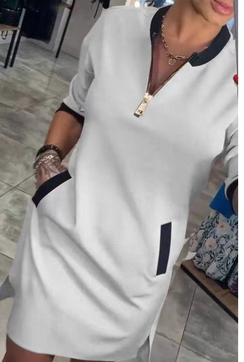V-Neck Zip Midi A-Line Dress with Three-Quarter Sleeves