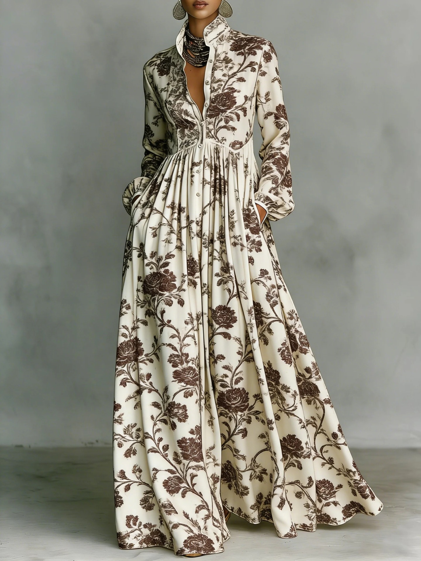 French Waist-Cinching Floral Print Long Sleeve Maxi Dress