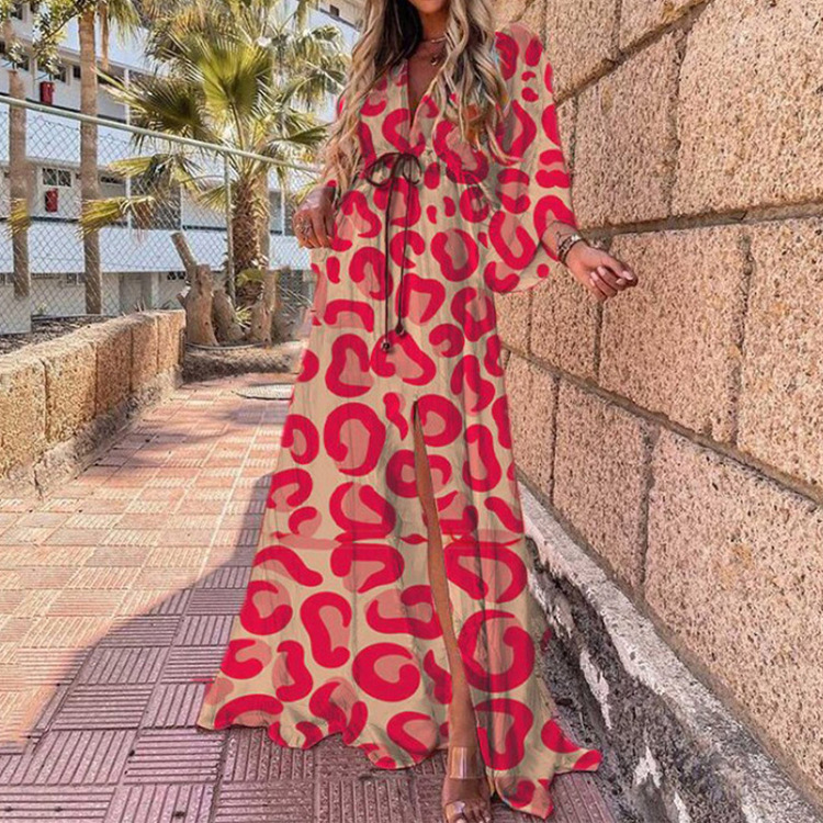 Bohemian V-Neck Slit Printed Maxi Dress Loose Fit Long Sleeve