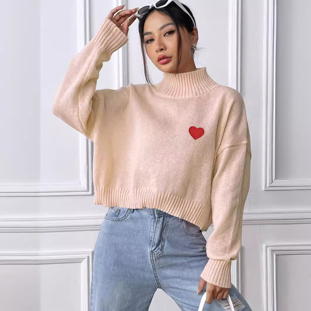 Women's Cropped Turtleneck Sweater with Heart Patch