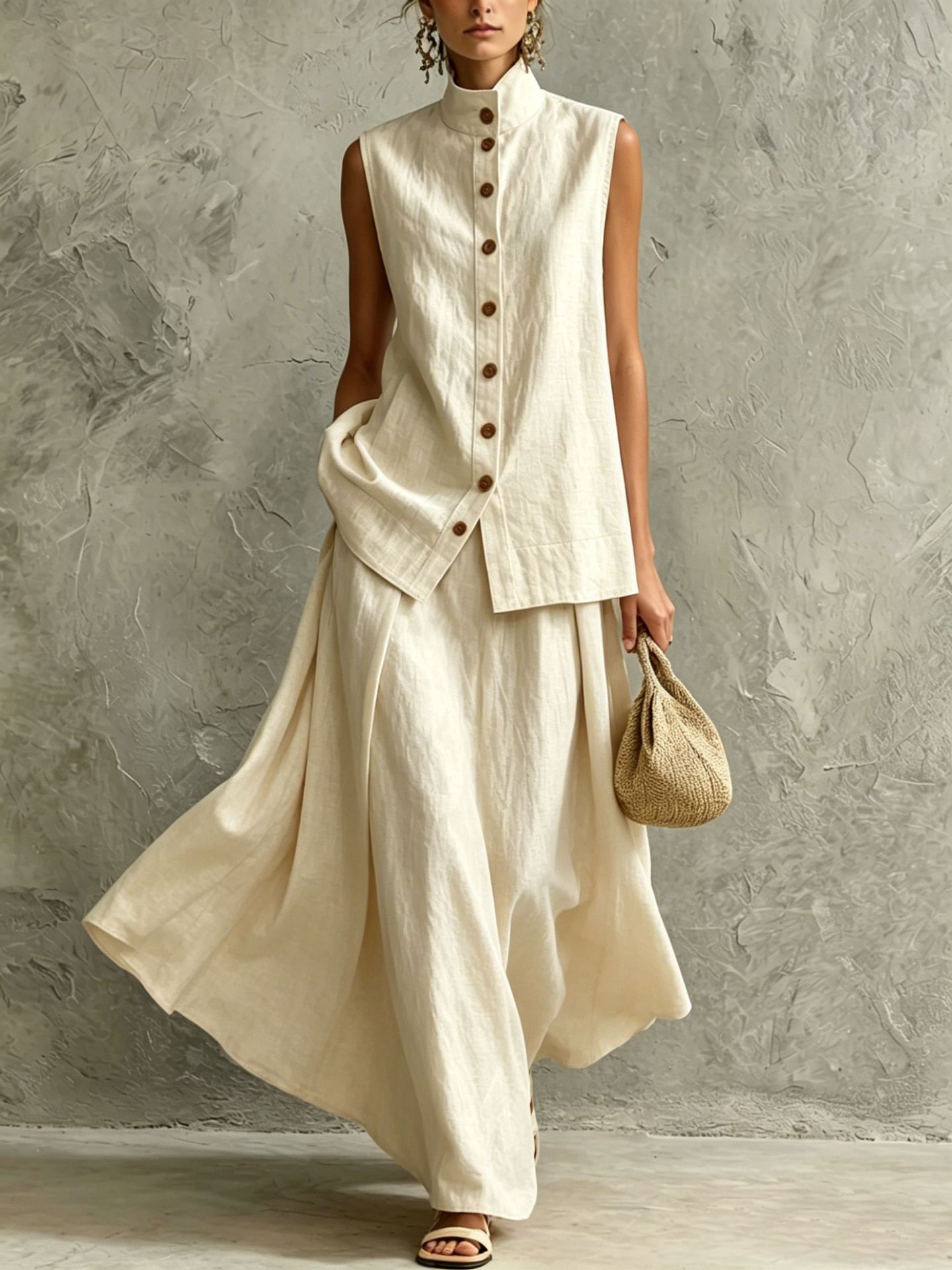 Women's Solid Color Button-Down Shirt and Midi Skirt Set