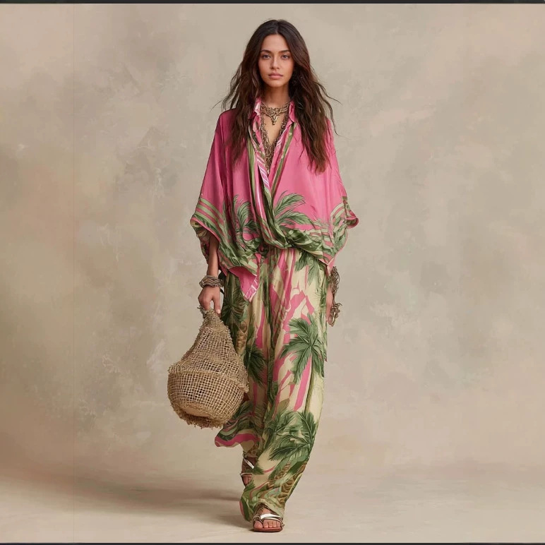 Women's Two-Piece Set with Print, Loose Fit, Round Neck, Batwing Sleeves, High Waist, Long Skirt, Rose Red