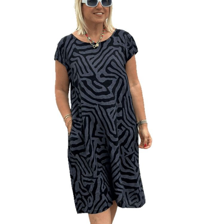 Bohemian Leopard Print Round Neck Loose A-Line Midi Dress