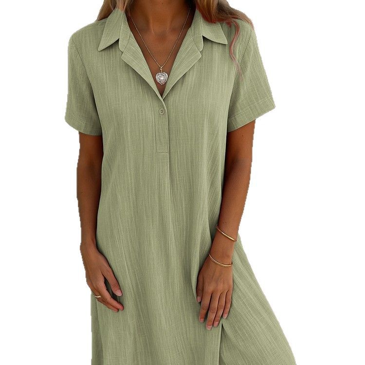 Women's Casual Cotton-Linen V-Neck Short Sleeve Loose Midi Dress