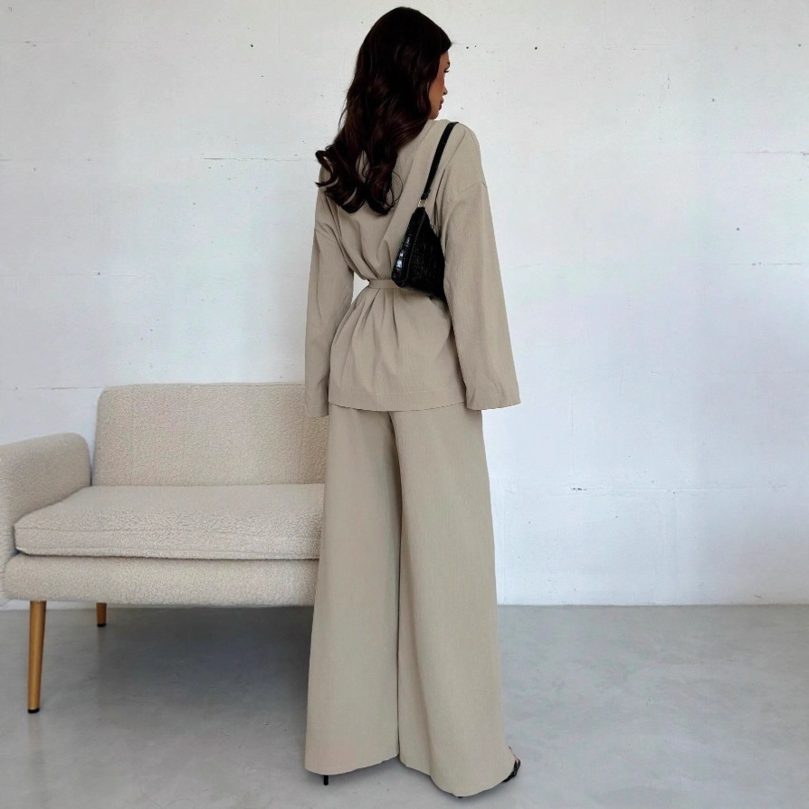 V-Neck Long Sleeve Wide-Leg Pants Set
