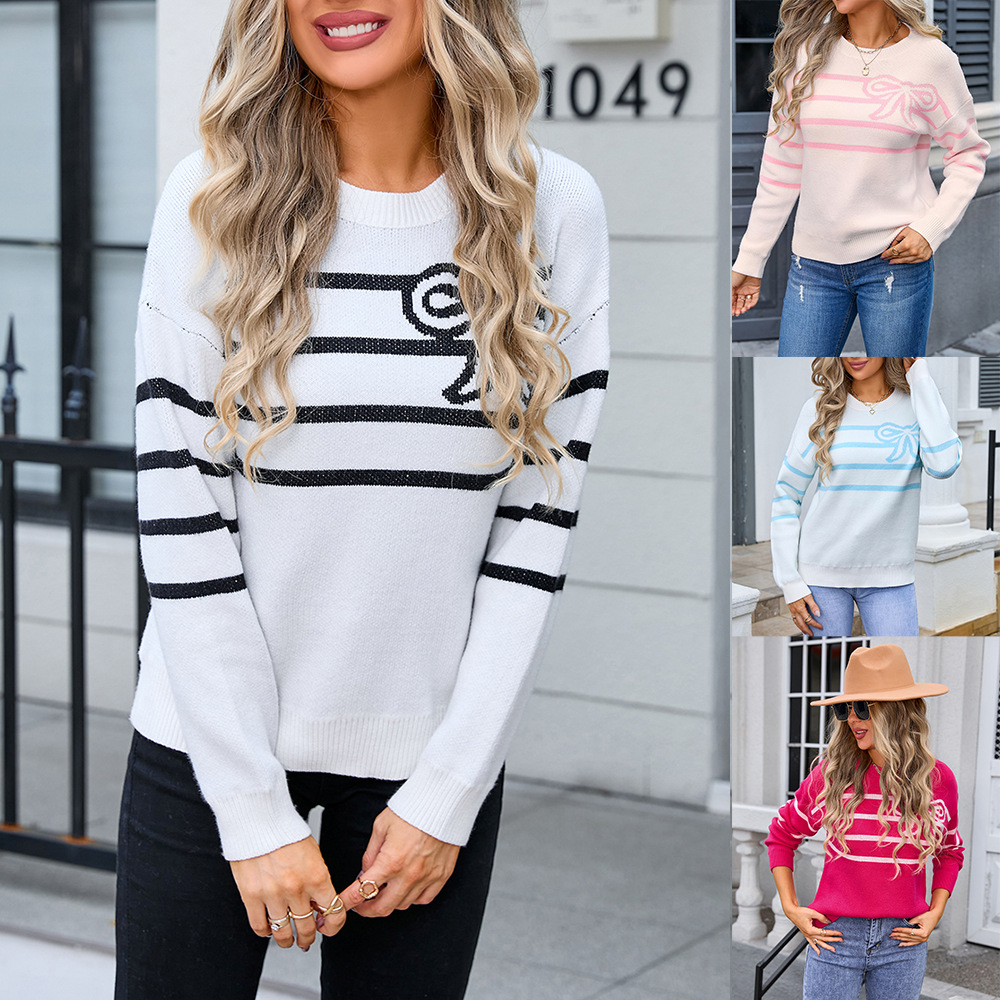 Striped Bow Round Neck Floral Knit Sweater