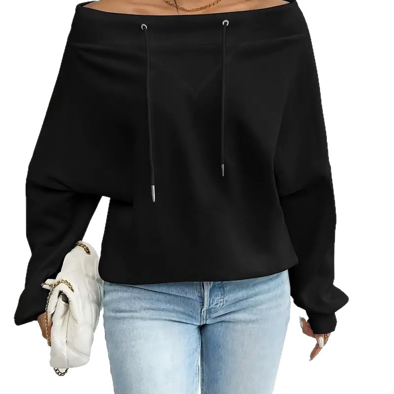 Women's Off-Shoulder Drawstring Top Loose Casual Long Sleeve