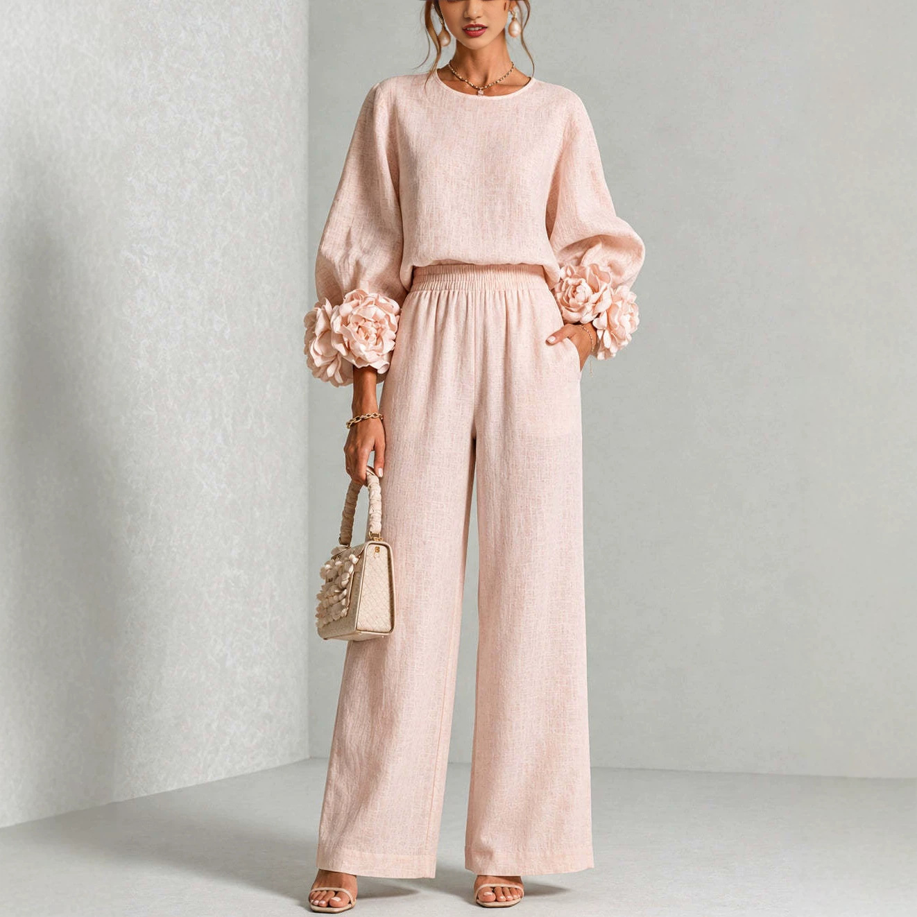 Floral Cuff Top and Wide-Leg Pants Set