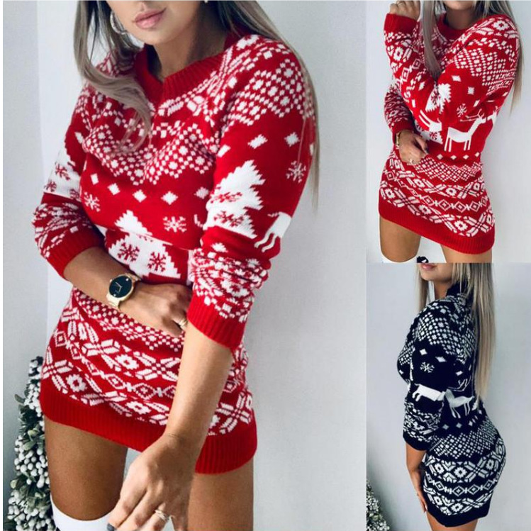 Women's Christmas Floral Knit Long Sleeve Sweater Dress