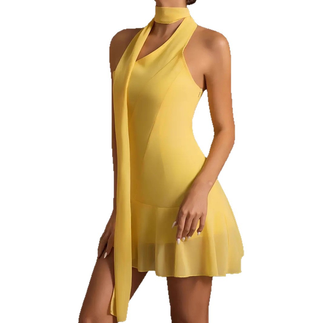 Tie-Neck Sleeveless Pleated Backless Bodycon Mini Dress