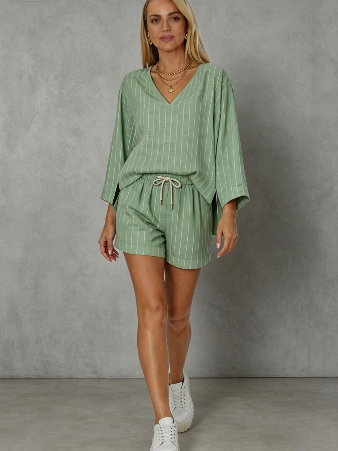 Women's Striped Two-Piece Set V-Neck Long Sleeve Top & Shorts