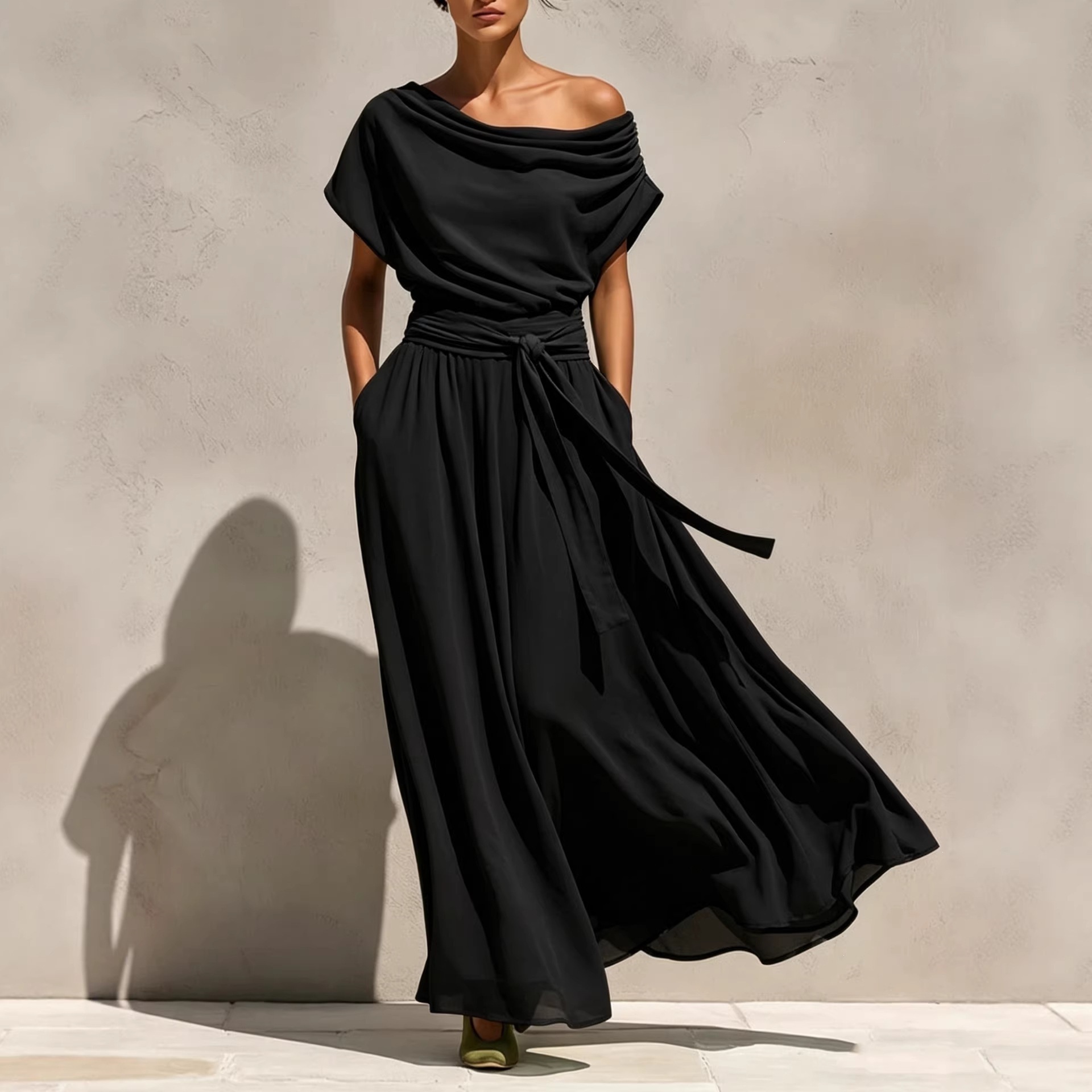 Boat Neck Short Sleeve Bohemian Chiffon Waist-Cinching Slimming Dress