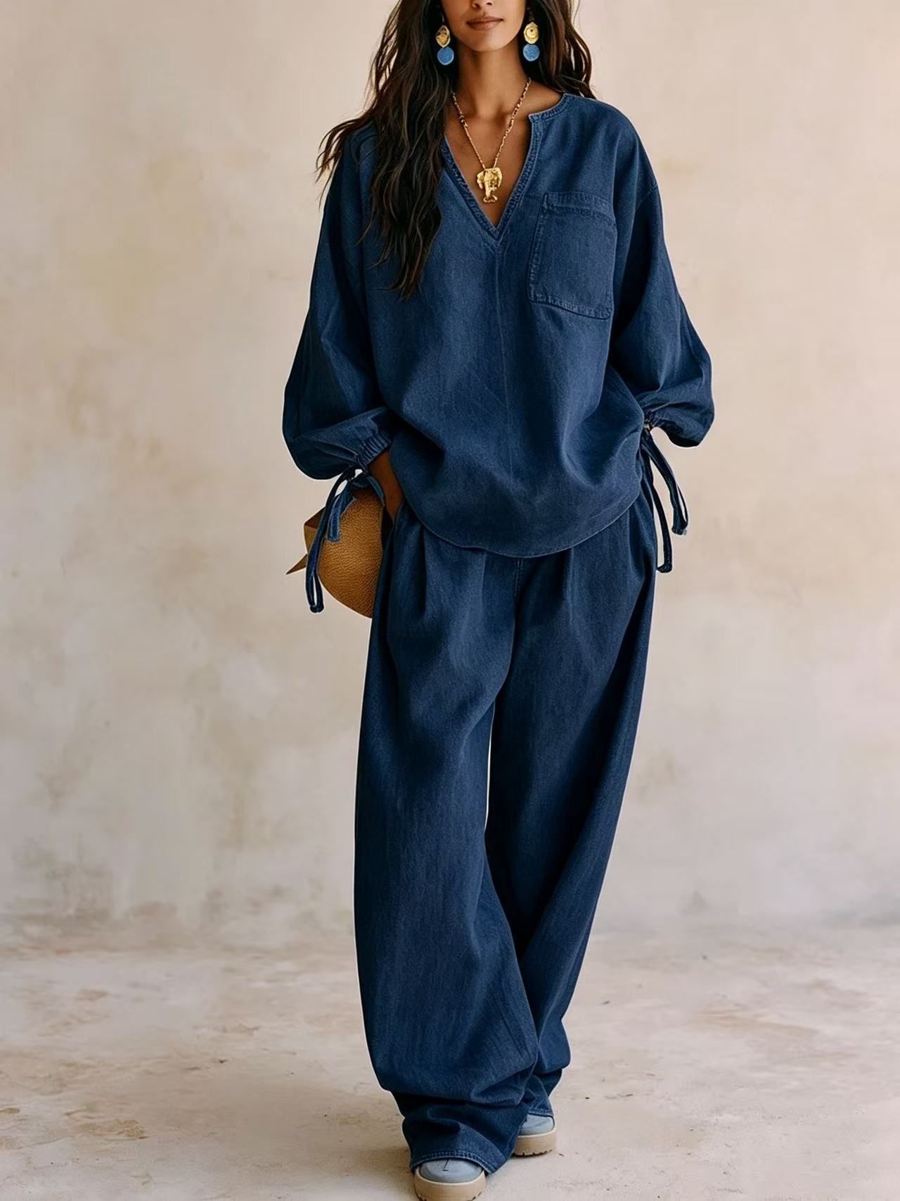Women's Casual Long Sleeve Wide Leg Pants Solid Color Set