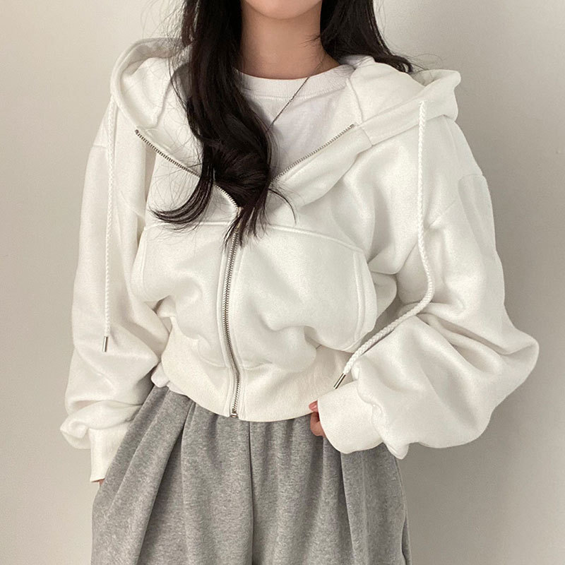 Women's Solid Zip-Up Hooded Cropped Hoodie
