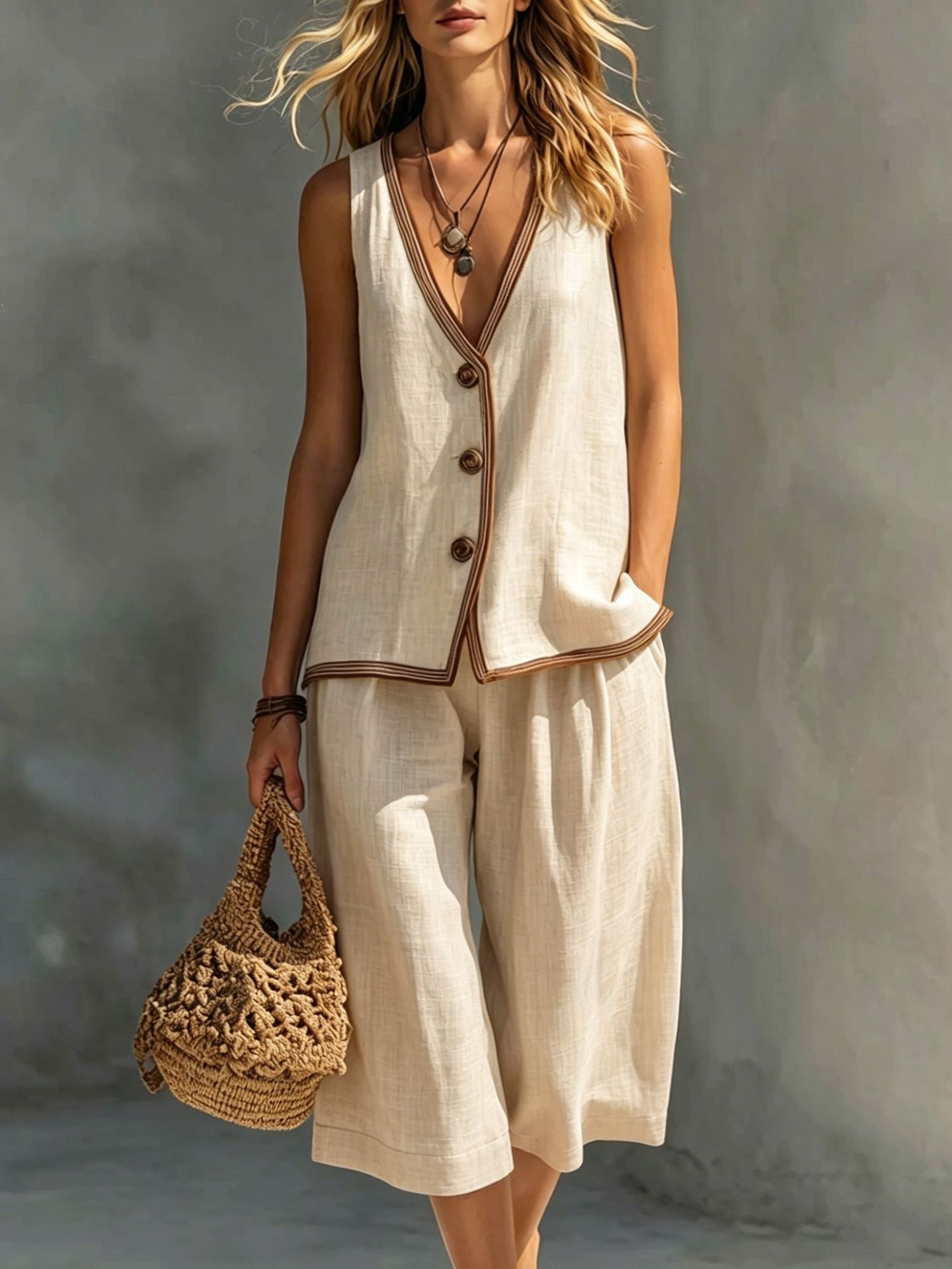 Women's Summer Casual Solid Button Vest Cardigan & Shorts Set