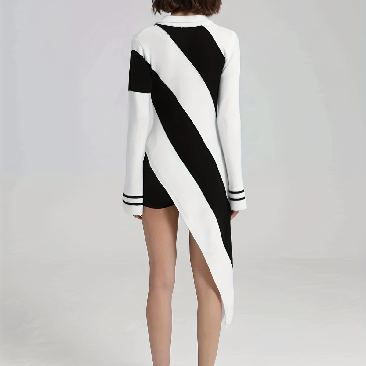 Retro Slim-Fit Knit Dress with Polo Collar and Striped Long Sleeves, Mid-Length Sweater Dress