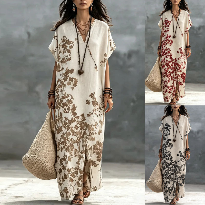 V-Neck Floral Print Short Sleeve Slit Maxi Dress