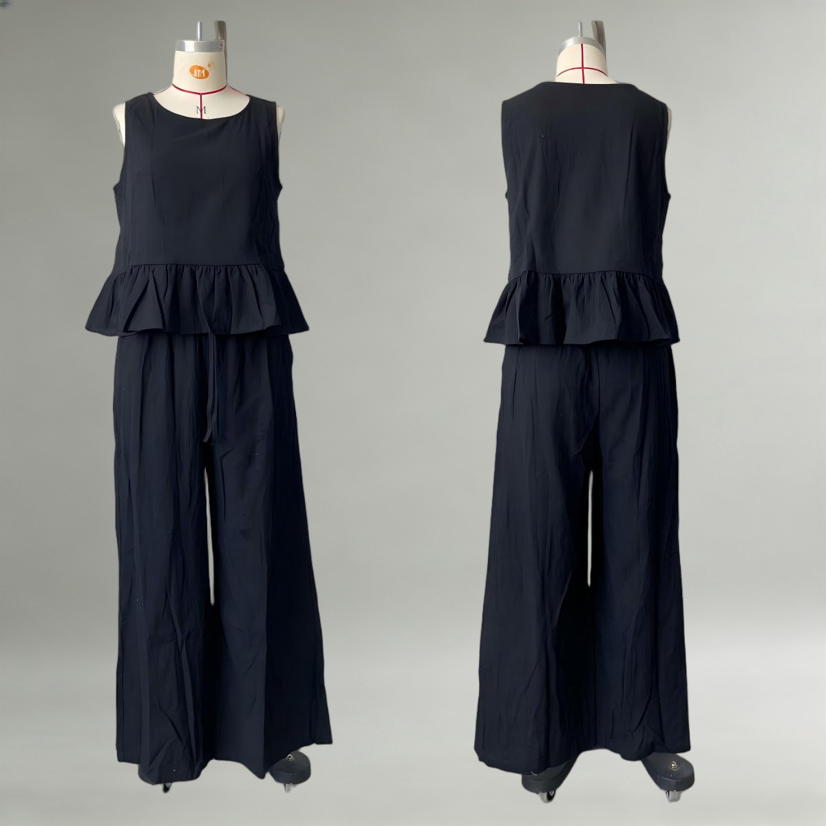 Women's Cotton-Linen Ruffle Sleeveless Wide-Leg Pants Set