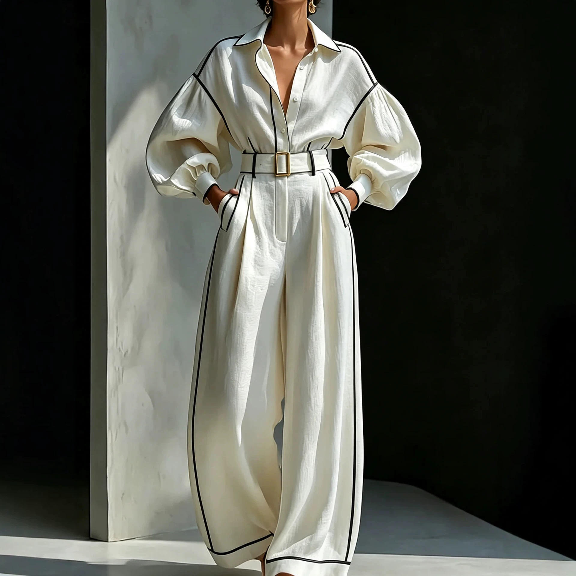 Women's Relaxed Two-Piece Set with Belt – Long Sleeve Shirt & Wide-Leg Pants