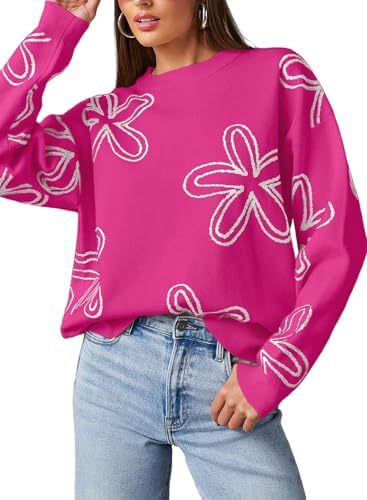 Women's Floral Print Chunky Knit Crewneck Long Sleeve Pullover Sweater