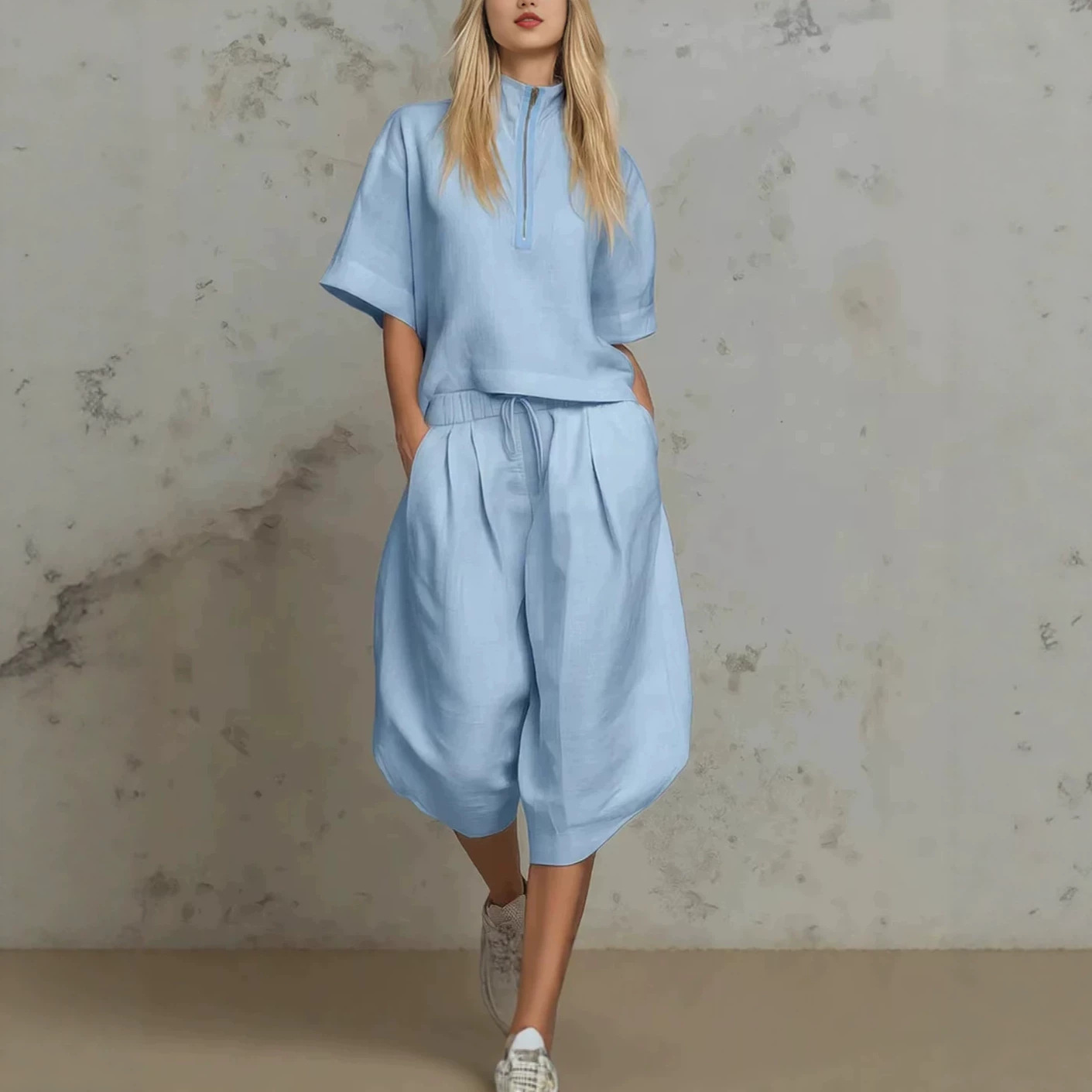 Women's Short Sleeve Two-Piece Set with Wide-Leg Pants