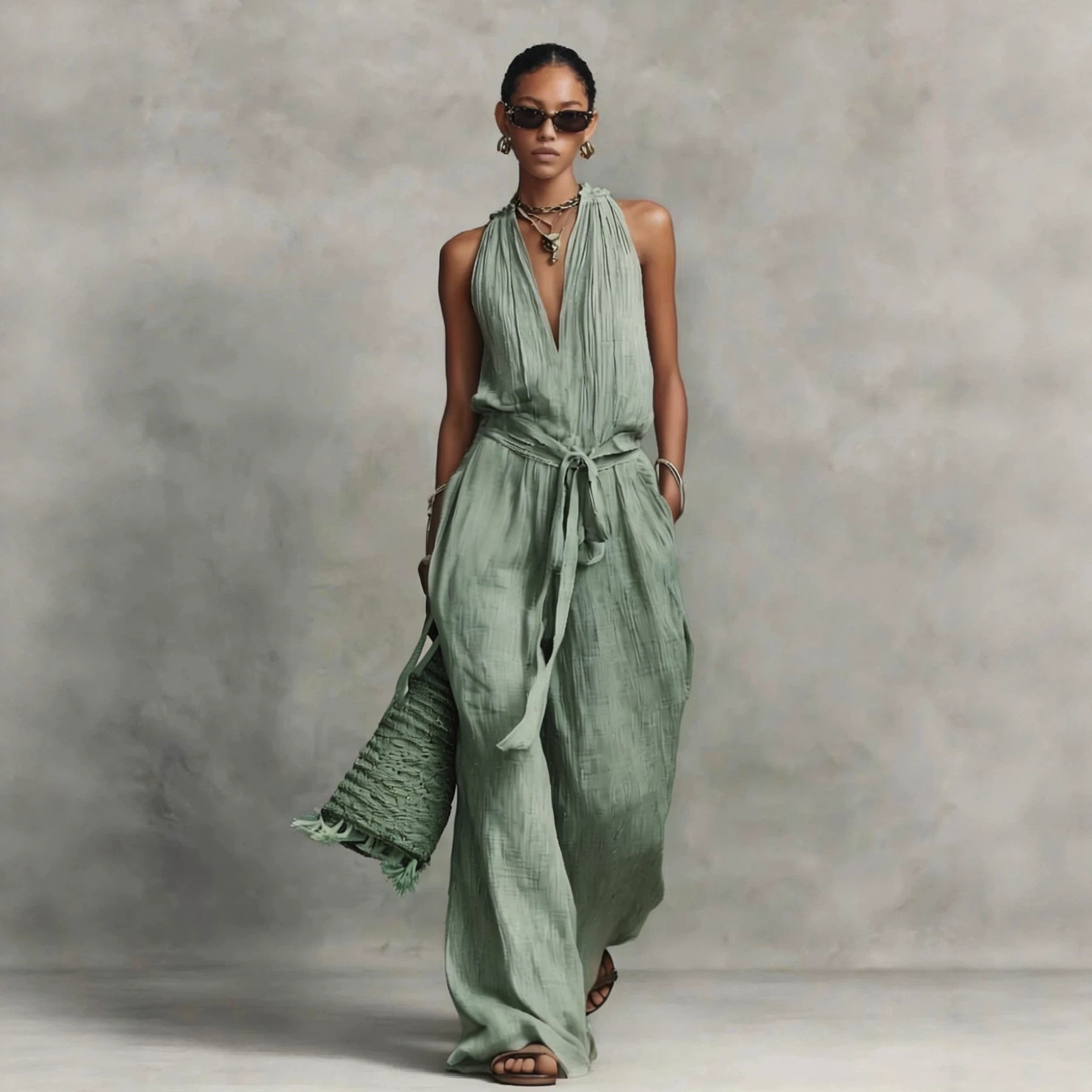 Women's Sleeveless Tie-Front Cotton-Blend Jumpsuit Casual Vacation