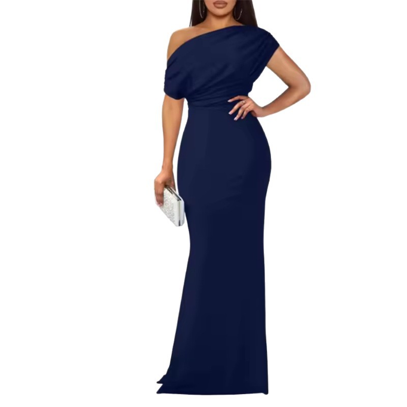 Elegant Solid One-Shoulder Ruched Bodycon Dress