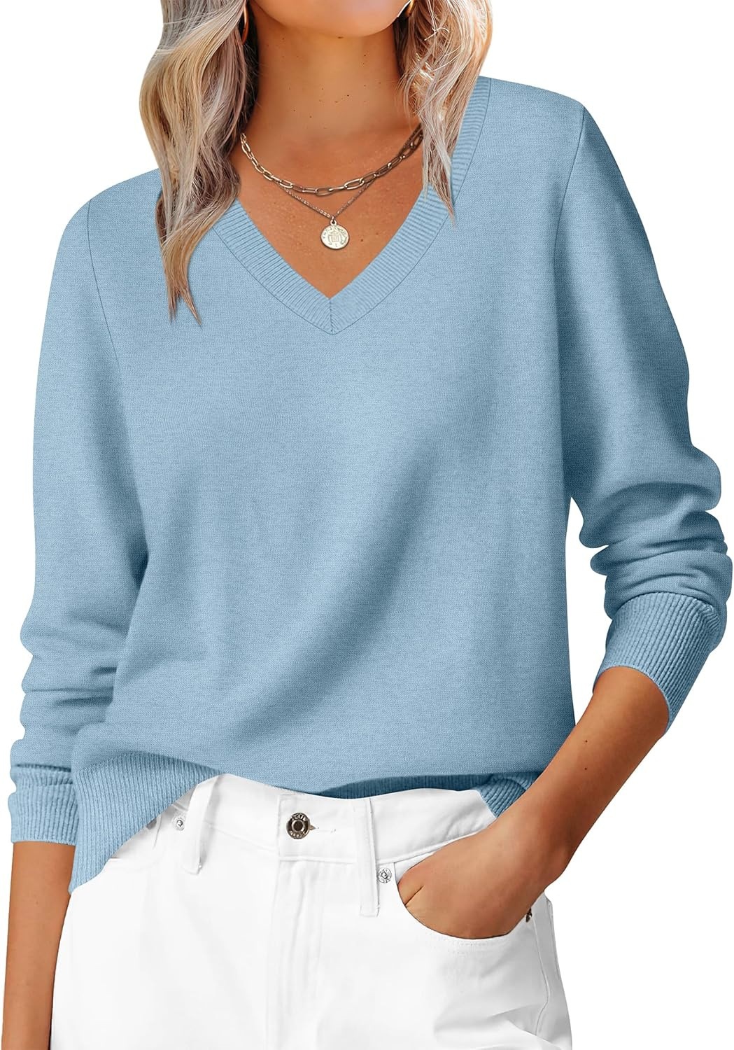 Women's Long Sleeve V-Neck Sweater Soft Loose Pullover Classic Casual