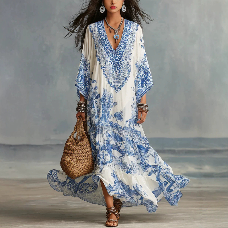 Bohemian Floral Print Loose Fit Long Sleeve Shirt Dress
