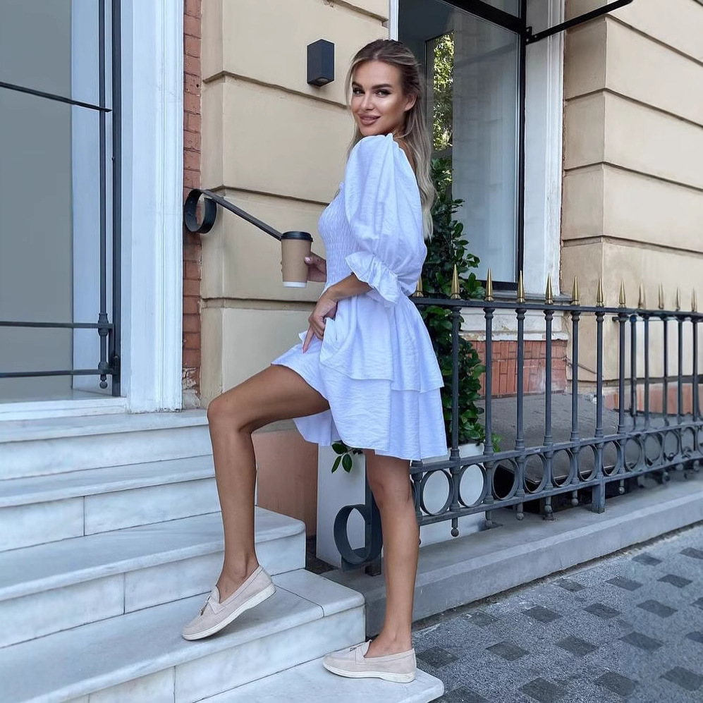 Solid Color Off-Shoulder Pleated A-Line Dress with Cinched Waist