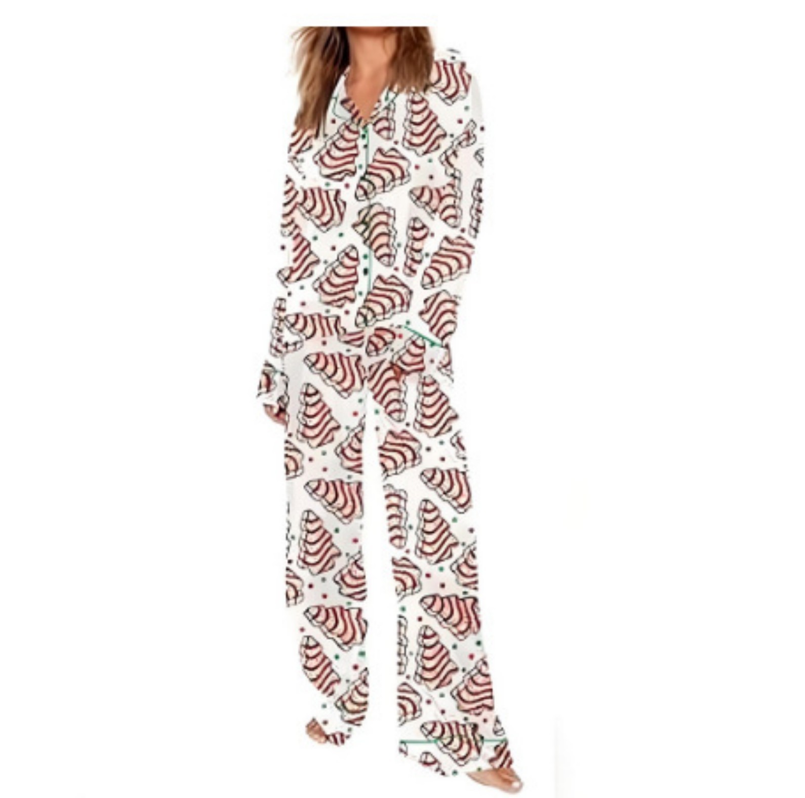 Christmas Tree Print Cuban Collar Long Sleeve Women's Set