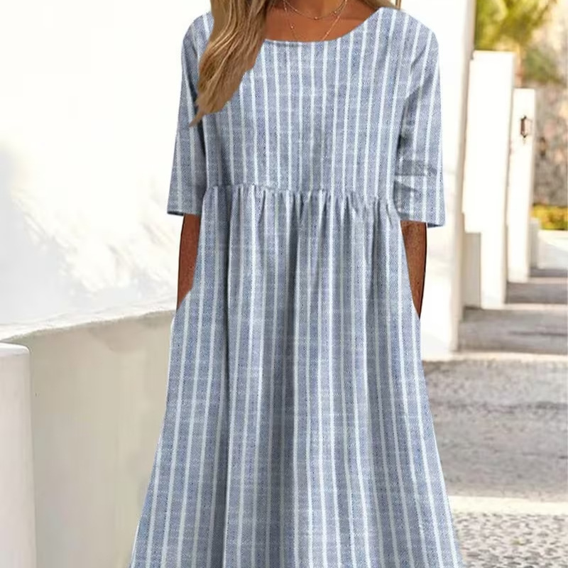 Women's Floral Print Ruched Midi Dress Round Neck Five-Sleeve Slim Fit