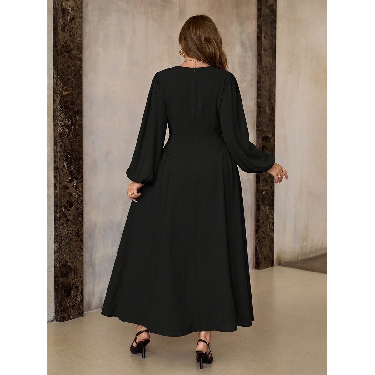 Women's Plus Size Black Long Dress with Lantern Sleeves and Waist Tie