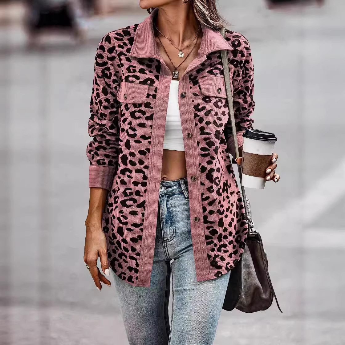 Leopard Print Button-Up Long Sleeve Jacket
