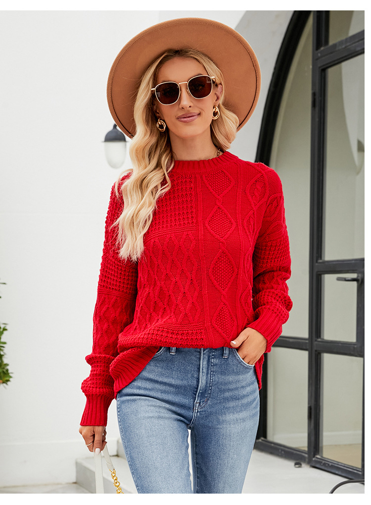 Cable-Knit Solid Crewneck Pullover Sweater Loose Fit