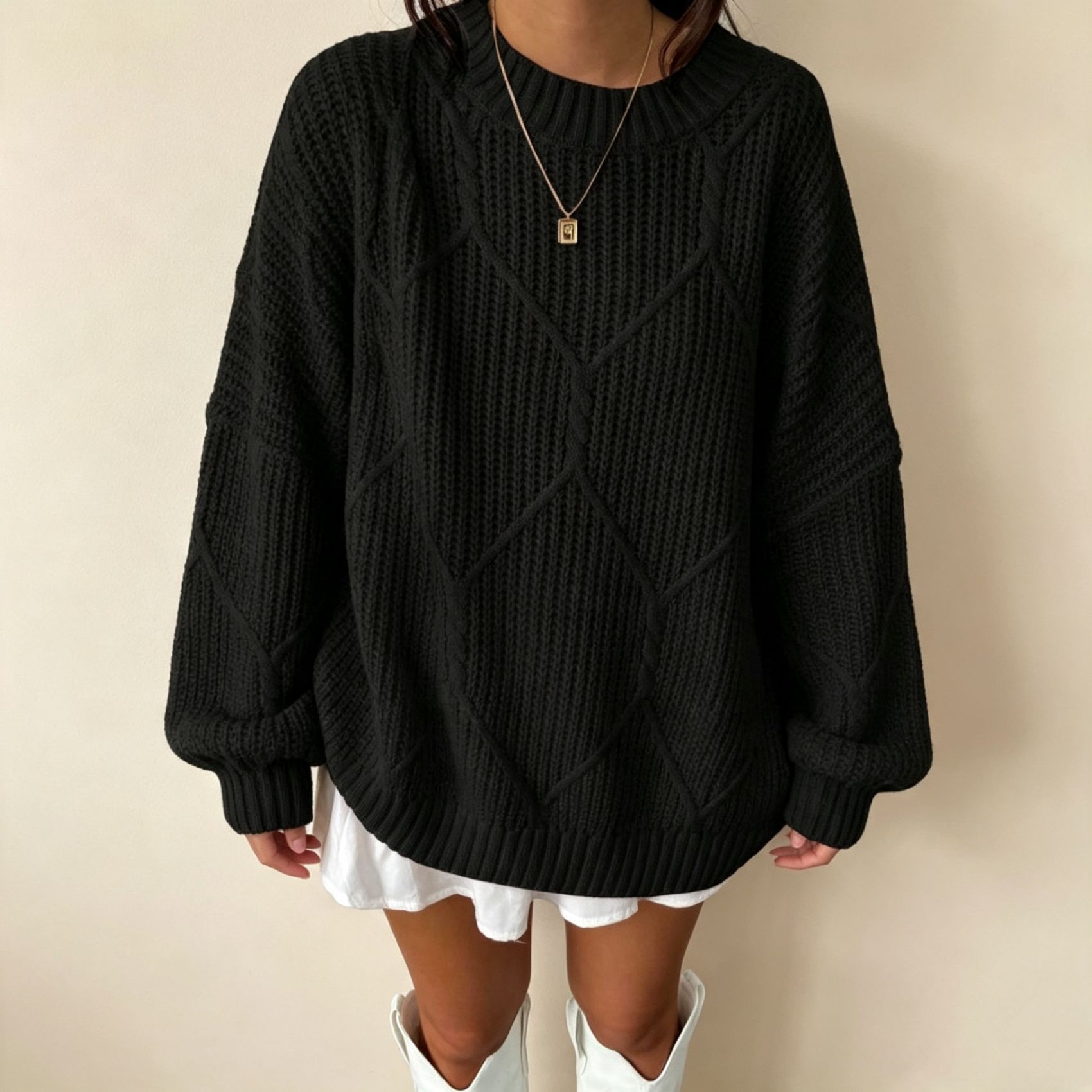 Women's Cable Knit Diamond Crewneck Pullover Sweater
