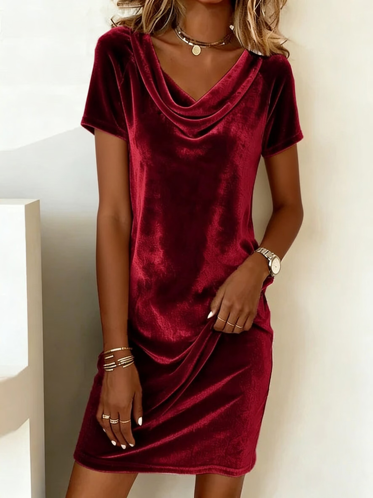 Women's Cowl Neck Velvet Midi Dress Slim Fit Elegant
