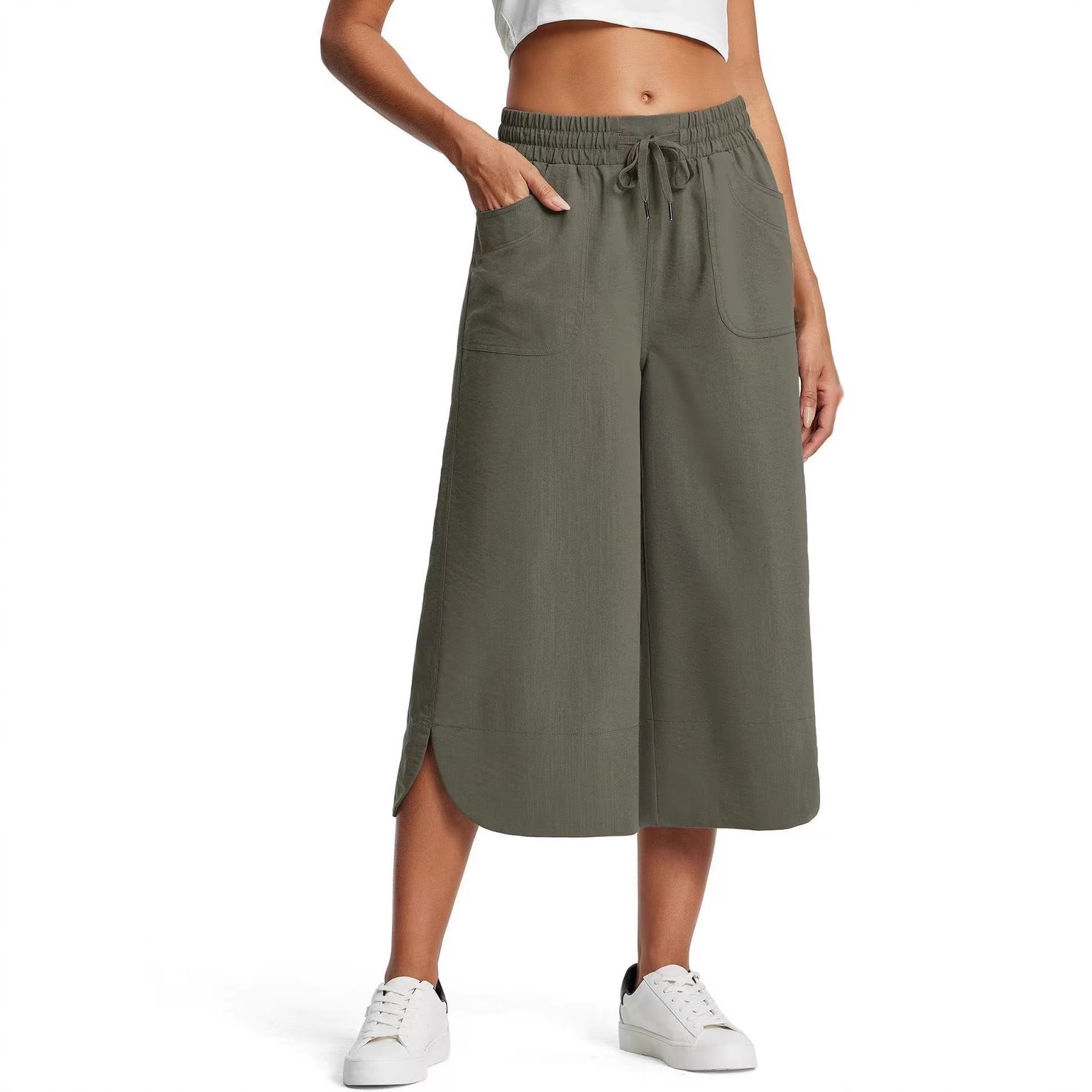 Women's Elastic Waist Solid Color Wide Leg Cropped Pants