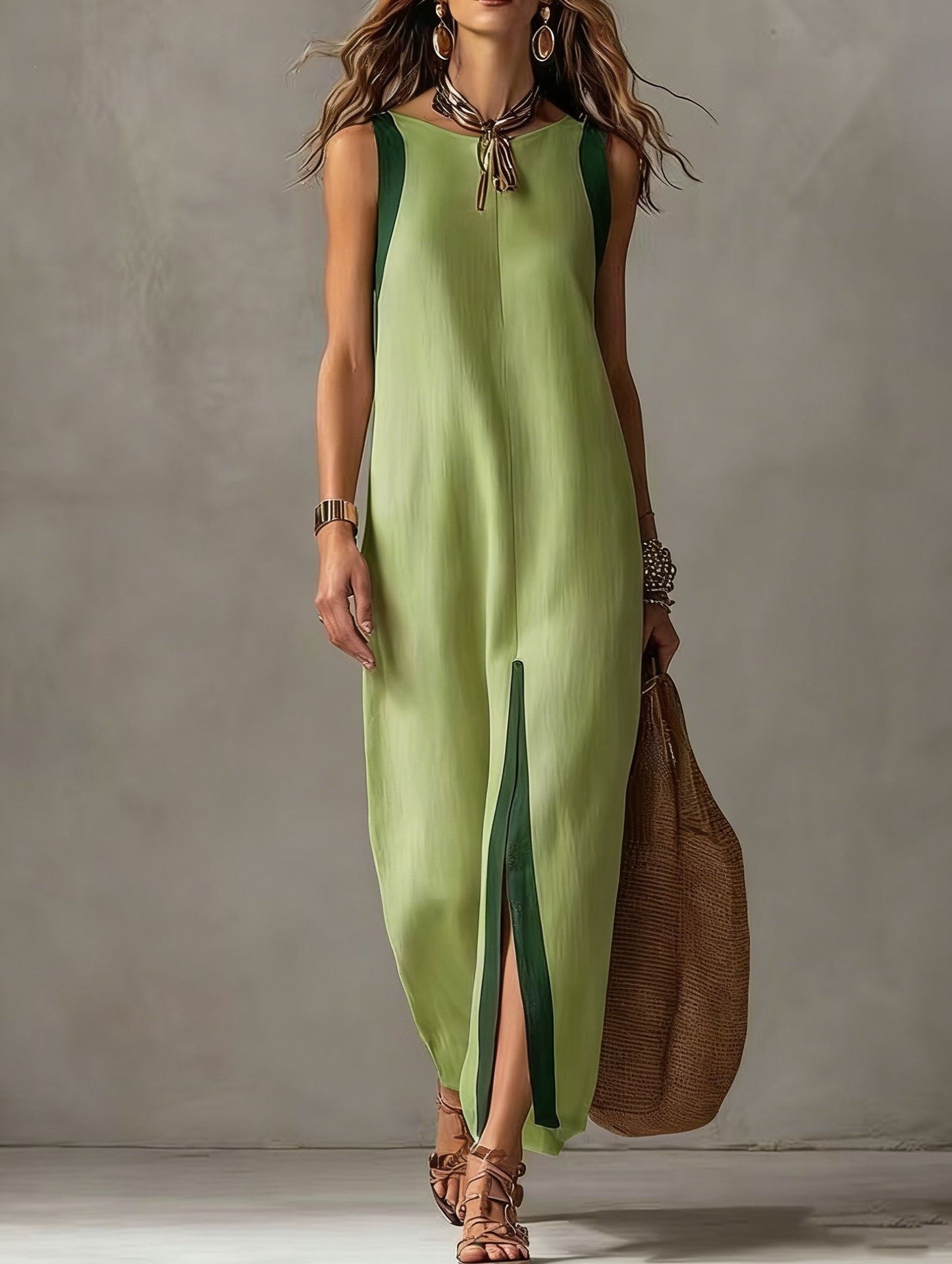 Women's Summer Casual Sleeveless Midi Dress Colorblock