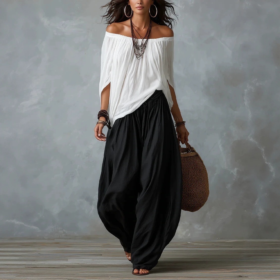 Women's Long Loose Off-Shoulder Top and Lantern Pants Set