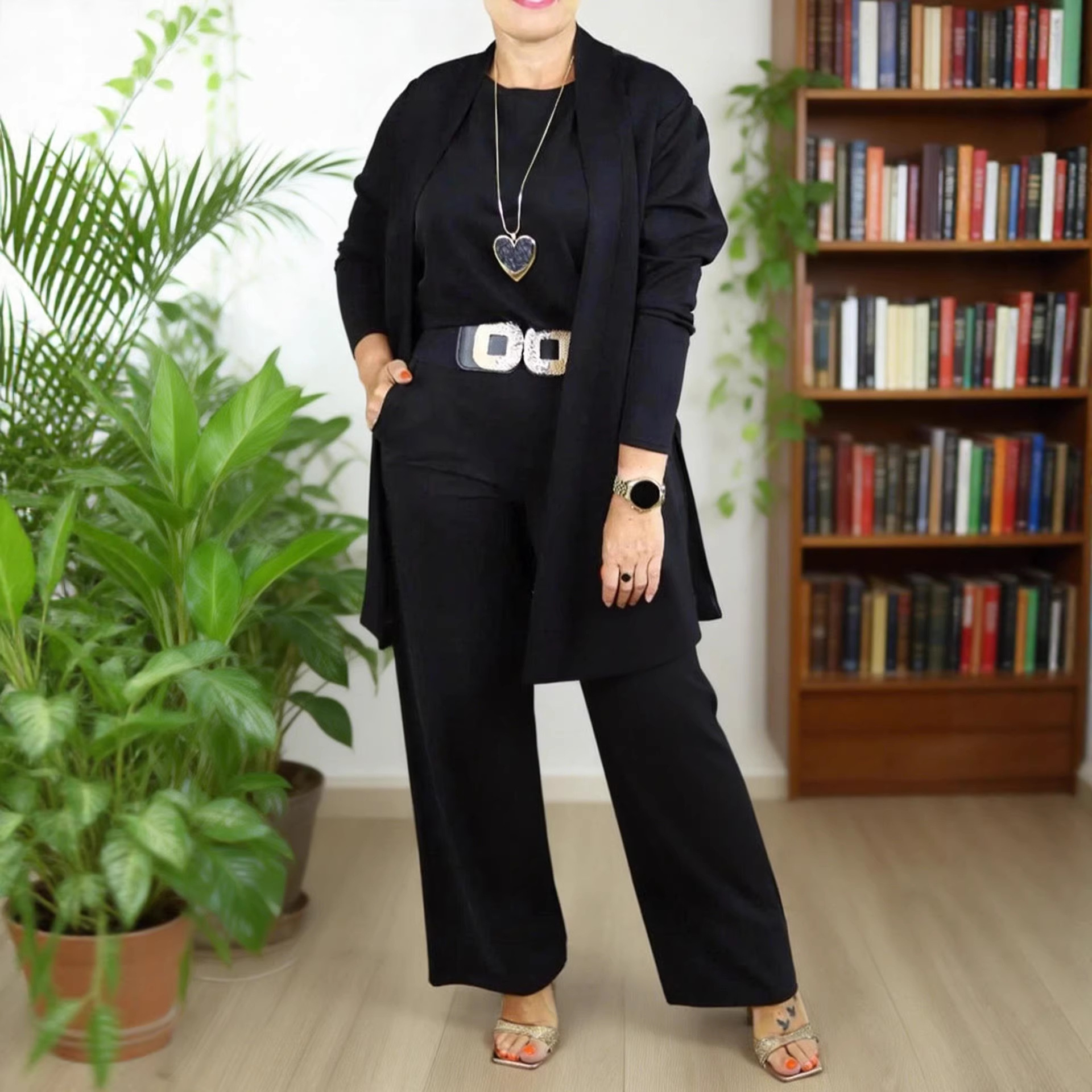 Women's 3-Piece Solid Crewneck Long-Sleeve Top Belted Pants Set
