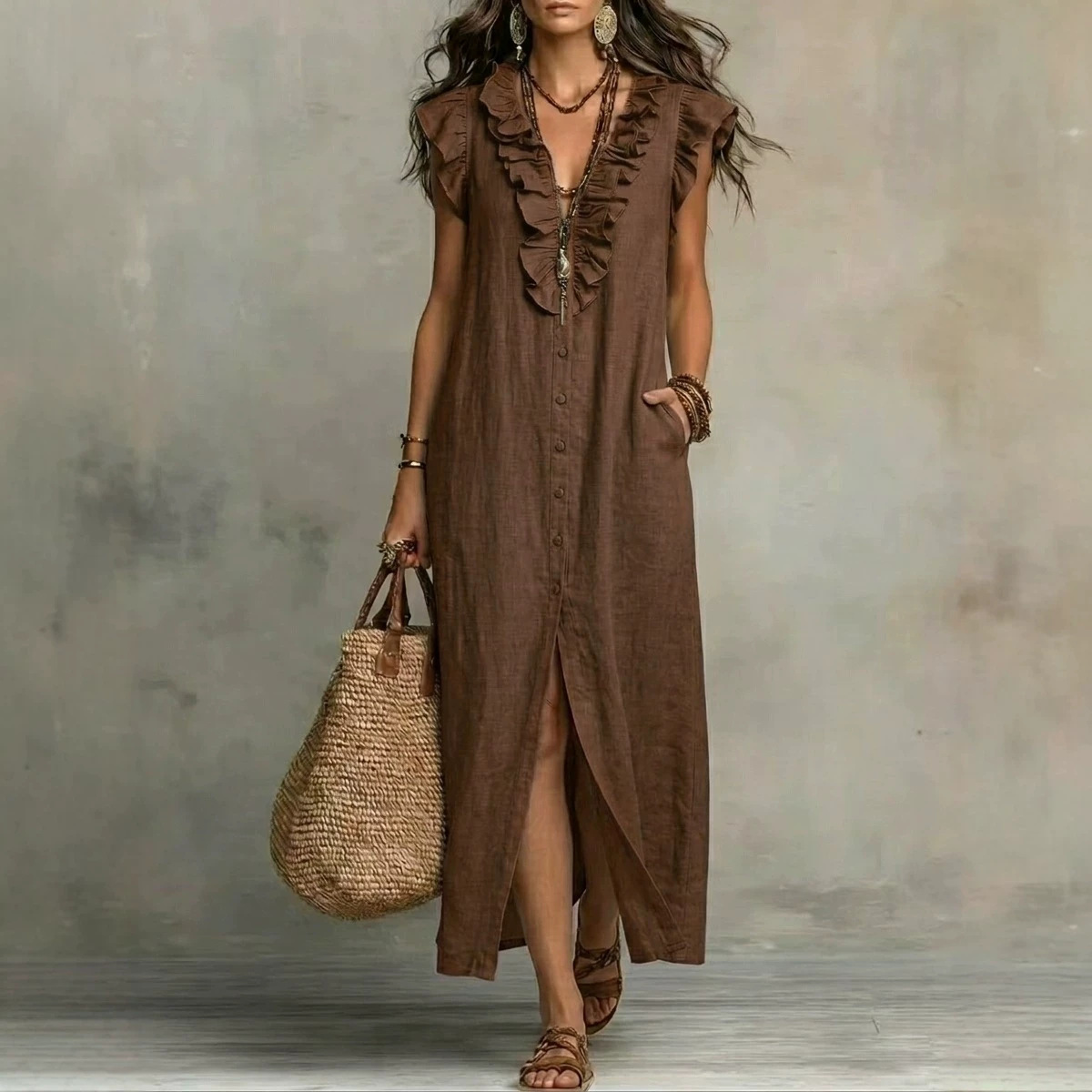 Boho Ruffle V-Neck Button-Front Maxi Dress with Pockets