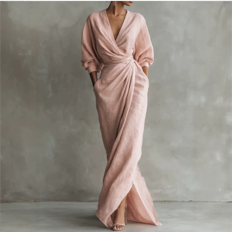 Women's Long Sleeve V-Neck Maxi Dress Solid Color Pleated A-Line Casual