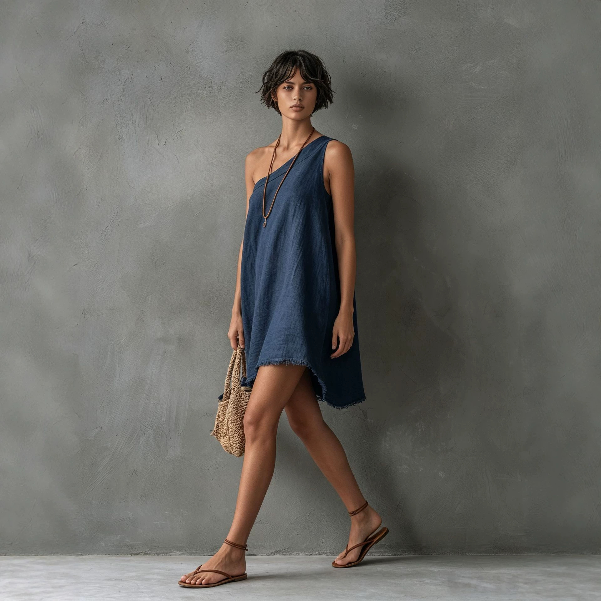 Minimalist Linen-Blend One-Shoulder Sleeveless Frayed Mini Dress