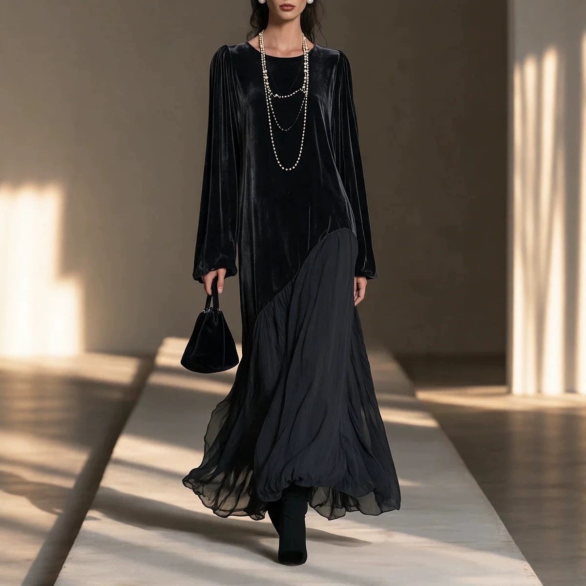 Black Velvet & Chiffon Paneled Long Dress with Round Neck and Puff Sleeves