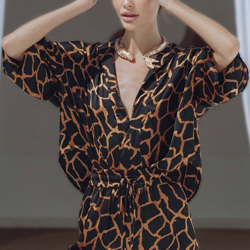 Sexy Leopard Print V-Neck Short Sleeve Pants Pajama Set