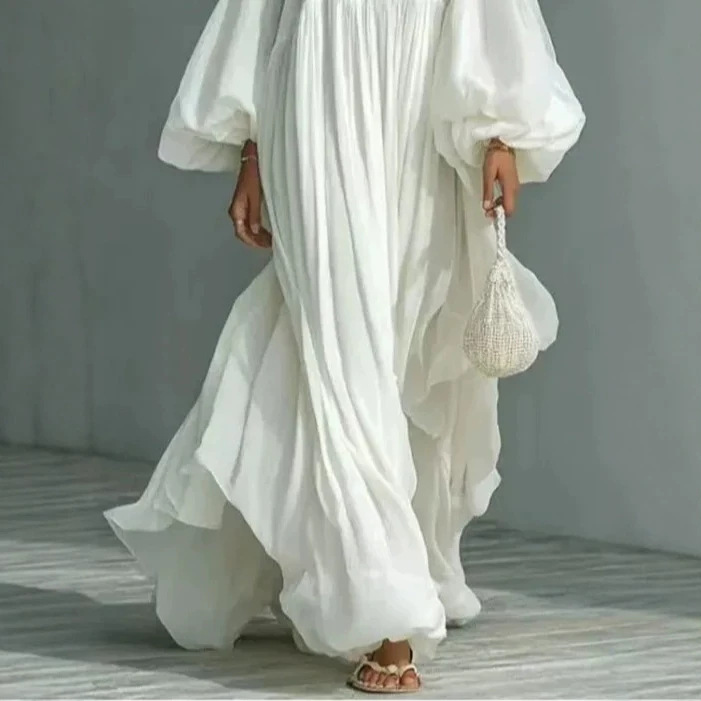 Women's Loose Flowy Square Neck Lantern Sleeve Maxi Dress