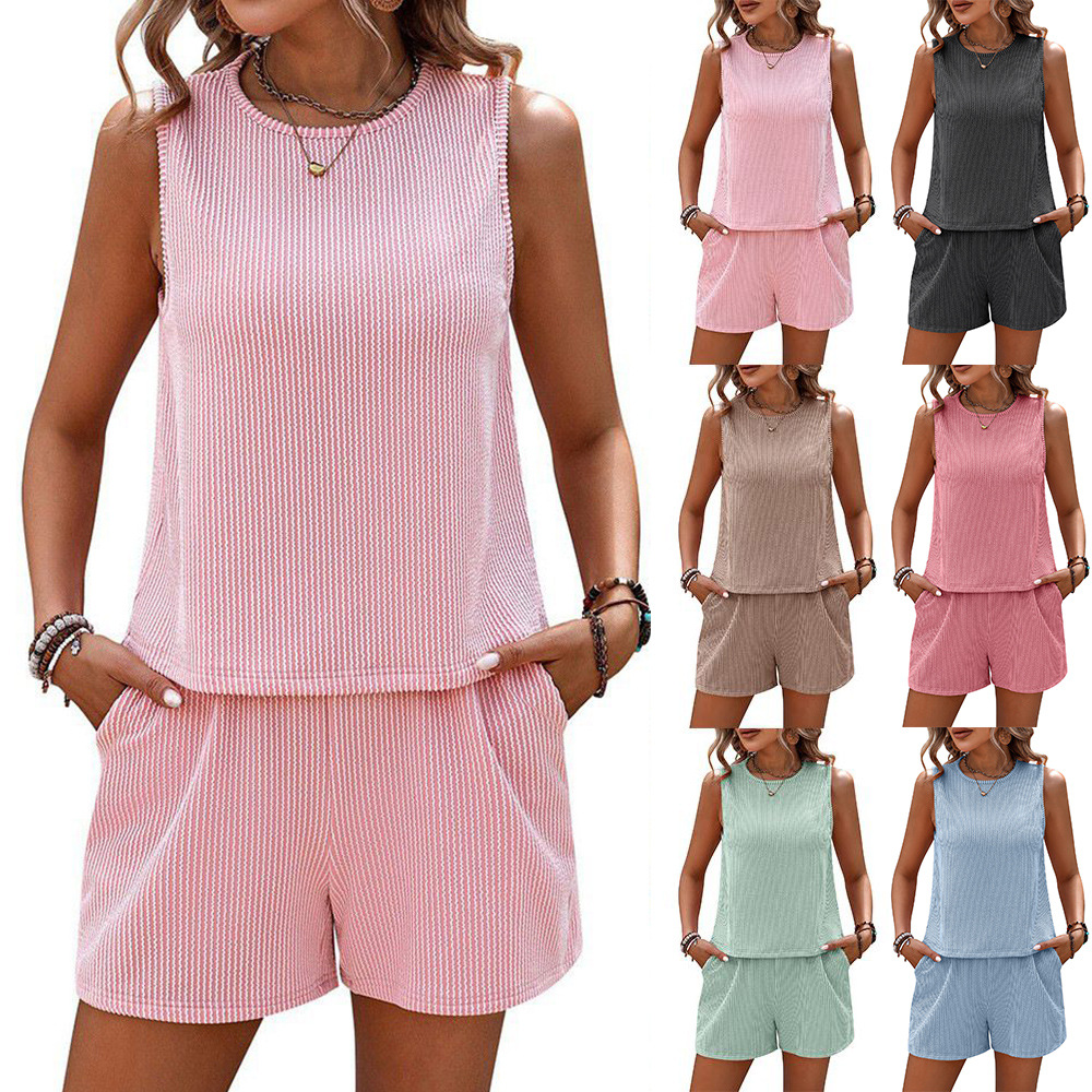Women's Sleeveless Twist-Strap Striped Top and Shorts Two-Piece Set