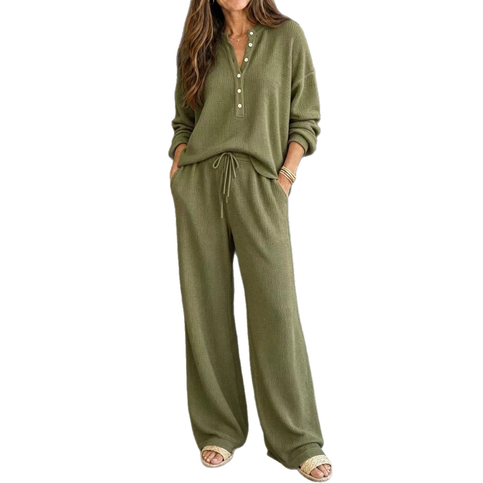 Women's Ribbed Knit Sweatshirt and Straight-Leg Pants Set